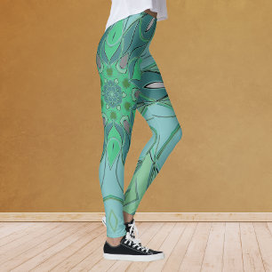 Cartoon Mandala Flower Blue and Green Leggings