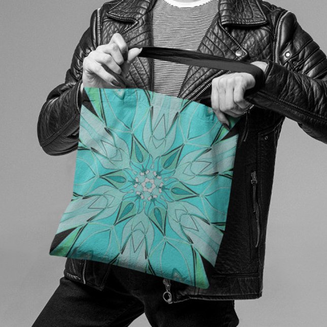 Cartoon Mandala Flower Blue and Green Tote Bag (Creator Uploaded)