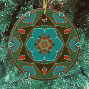Cartoon Mandala Flower Blue and Orange Ceramic Tree Decoration