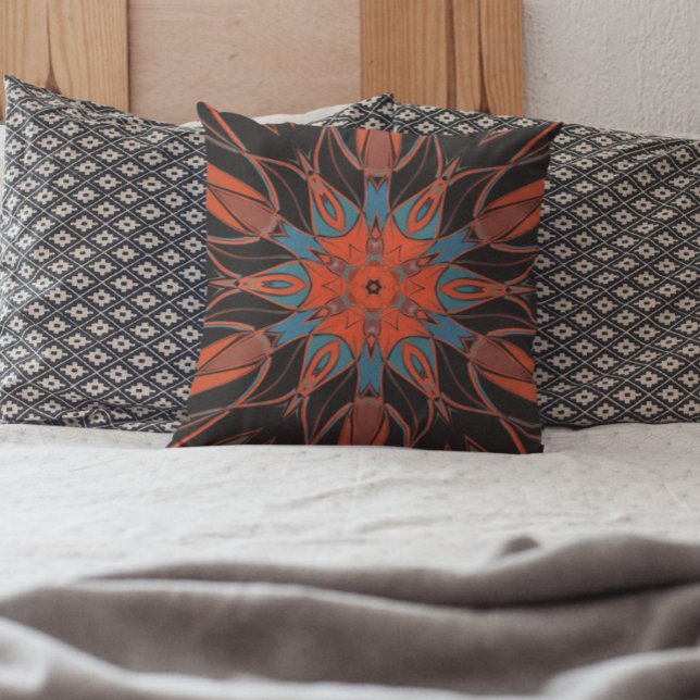Cartoon Mandala Flower Blue Orange and Black Cushion (Creator Uploaded)