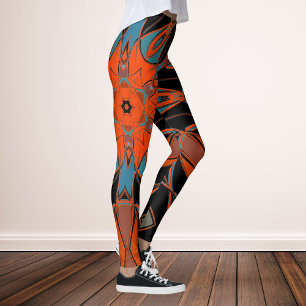 Cartoon Mandala Flower Blue Orange and Black Leggings