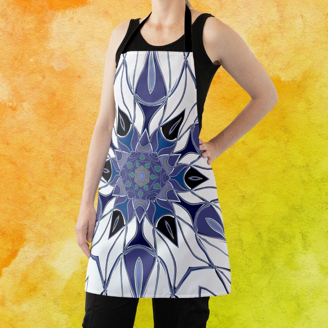 Cartoon Mandala Flower Blue Purple and White Apron (Creator Uploaded)