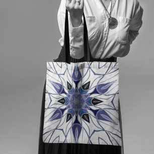 Cartoon Mandala Flower Blue Purple and White Tote Bag