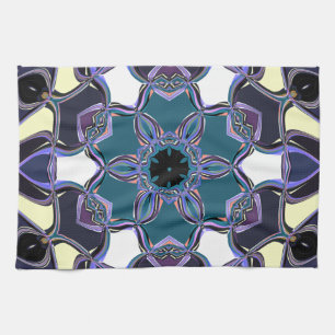 Cartoon Mandala Flower Blue Purple Black and White Tea Towel