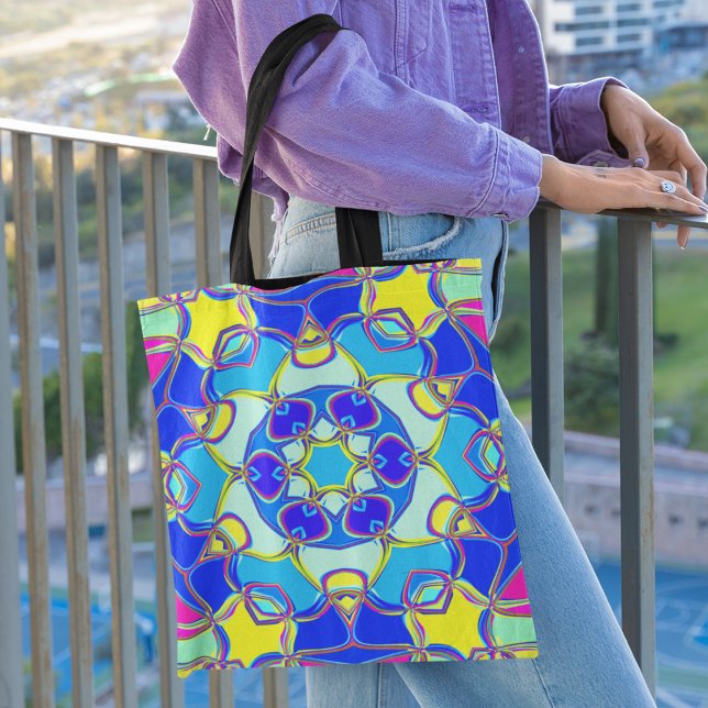 Cartoon Mandala Flower Blue Yellow and Pink Tote Bag (Creator Uploaded)