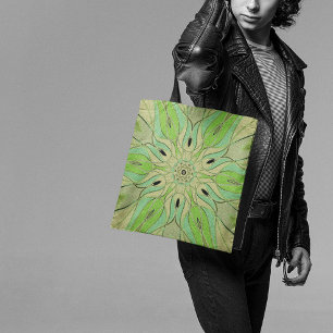 Cartoon Mandala Flower Green and Blue Tote Bag