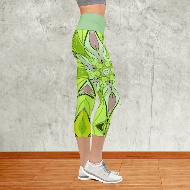 Cartoon Mandala Flower Green and Pink Capri Leggings (Creator Uploaded)