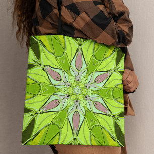 Cartoon Mandala Flower Green and Pink Tote Bag