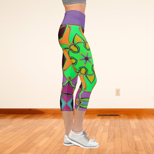 Cartoon Mandala Flower Green Orange and Purple Capri Leggings (Creator Uploaded)