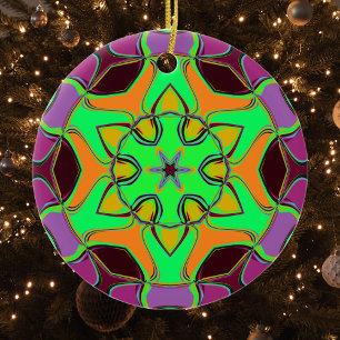 Cartoon Mandala Flower Green Orange and Purple Ceramic Tree Decoration