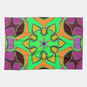 Cartoon Mandala Flower Green Orange and Purple Tea Towel