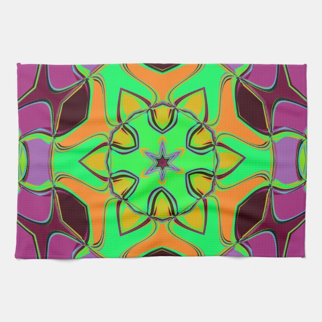 Cartoon Mandala Flower Green Orange and Purple Tea Towel (Horizontal)
