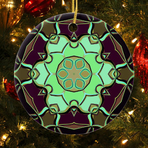 Cartoon Mandala Flower Green Purple and Black Ceramic Tree Decoration
