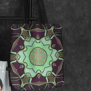 Cartoon Mandala Flower Green Purple and Black Tote Bag