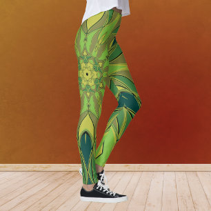 Cartoon Mandala Flower Green Yellow and Blue Leggings