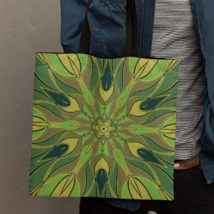 Cartoon Mandala Flower Green Yellow and Blue Tote Bag