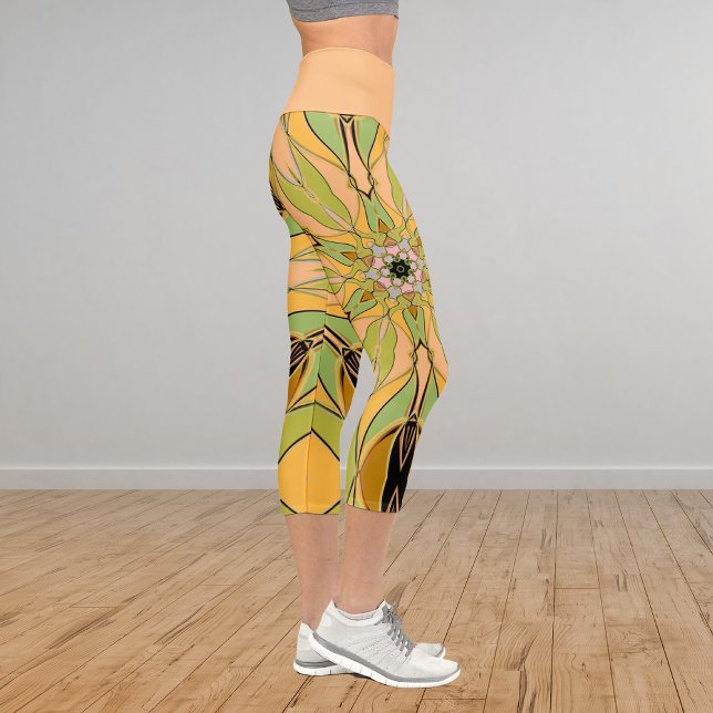 Cartoon Mandala Flower Green Yellow and Orange Capri Leggings (Creator Uploaded)