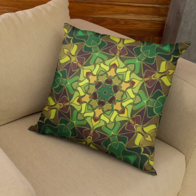 Cartoon Mandala Flower Green Yellow and Orange Cushion (Creator Uploaded)