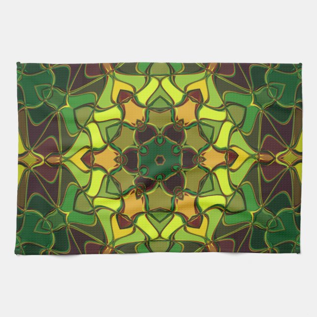 Cartoon Mandala Flower Green Yellow and Orange Tea Towel (Horizontal)