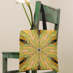 Cartoon Mandala Flower Green Yellow and Orange Tote Bag
