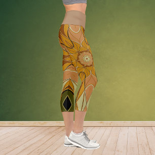 Cartoon Mandala Flower Orange and Green Capri Leggings