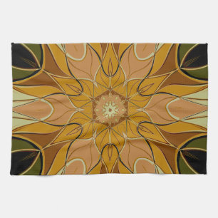 Cartoon Mandala Flower Orange and Green Tea Towel
