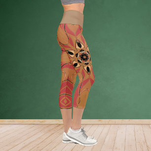 Cartoon Mandala Flower Orange and Pink Capri Leggings