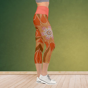 Cartoon Mandala Flower Orange and Pink Capri Leggings