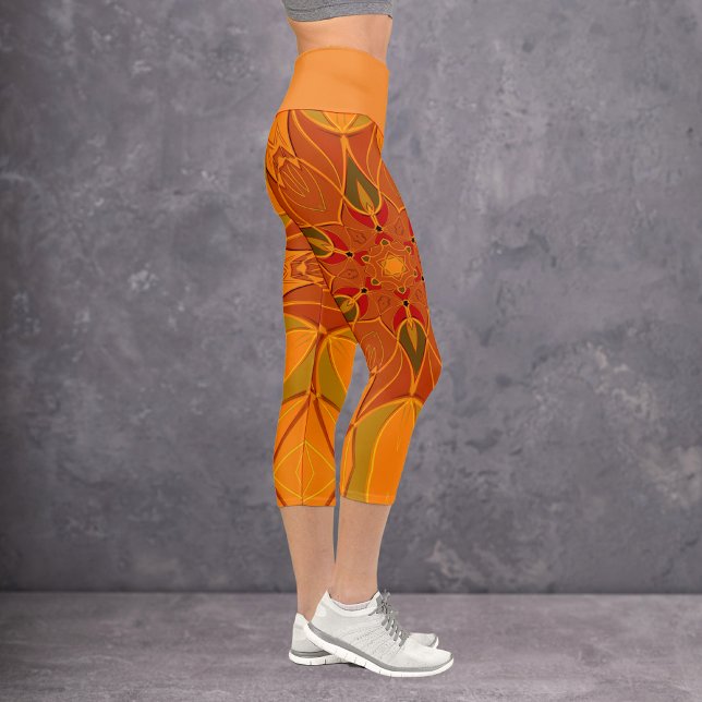 Cartoon Mandala Flower Orange and Red Capri Leggings (Creator Uploaded)