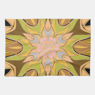 Cartoon Mandala Flower Orange Green and Blue Tea Towel