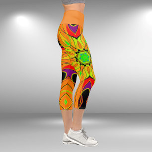 Cartoon Mandala Flower Orange Green and Red Capri Leggings