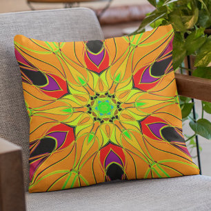 Cartoon Mandala Flower Orange Green and Red Cushion