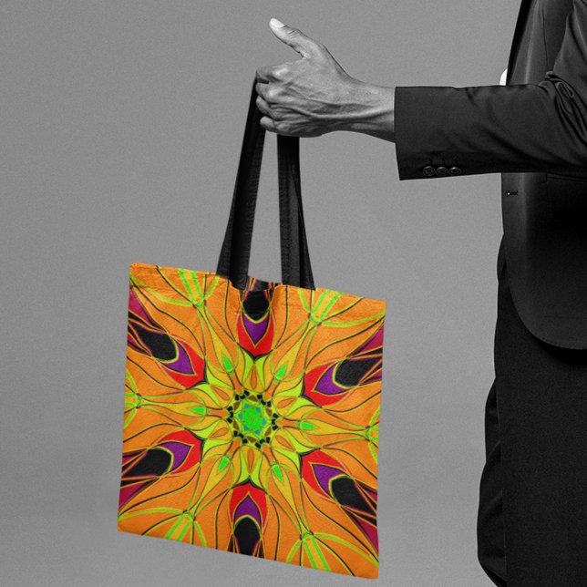 Cartoon Mandala Flower Orange Green and Red Tote Bag (Creator Uploaded)