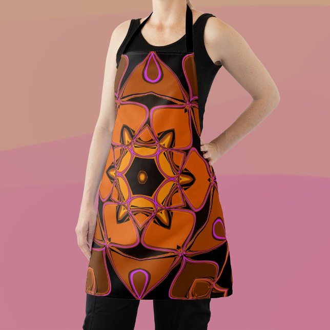 Cartoon Mandala Flower Orange Pink and Black Apron (Creator Uploaded)