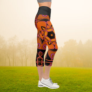 Cartoon Mandala Flower Orange Pink and Black Capri Leggings