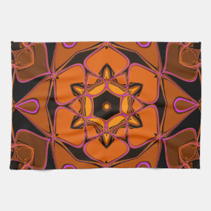 Cartoon Mandala Flower Orange Pink and Black Tea Towel