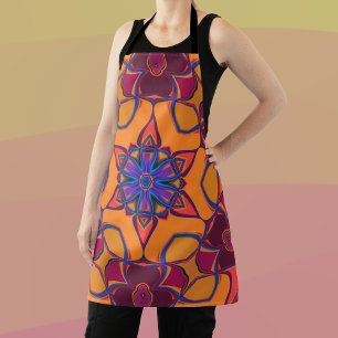 Cartoon Mandala Flower Orange Purple and Blue Apron