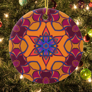 Cartoon Mandala Flower Orange Purple and Blue Ceramic Tree Decoration