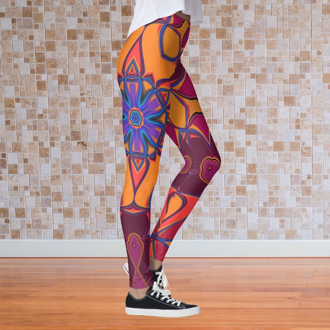 Cartoon Mandala Flower Orange Purple and Blue Leggings (Creator Uploaded)