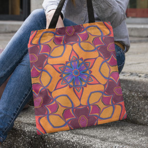 Cartoon Mandala Flower Orange Purple and Blue Tote Bag
