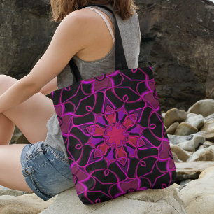 Cartoon Mandala Flower Pink and Black Tote Bag