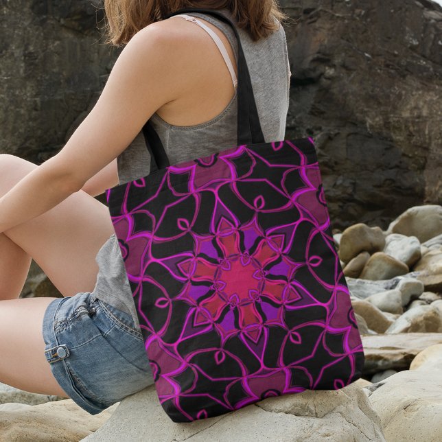 Cartoon Mandala Flower Pink and Black Tote Bag (Creator Uploaded)