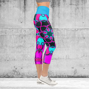 Cartoon Mandala Flower Pink and Blue Capri Leggings
