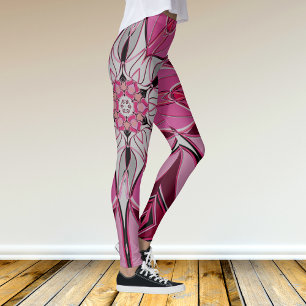 Cartoon Mandala Flower Pink and White Leggings