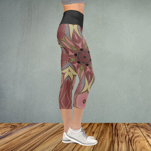 Cartoon Mandala Flower Pink and Yellow Capri Leggings