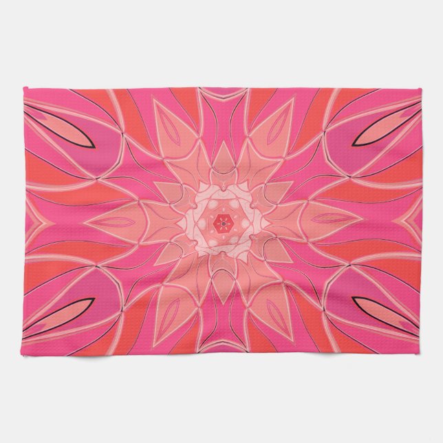Cartoon Mandala Flower Pink Tea Towel (Horizontal)