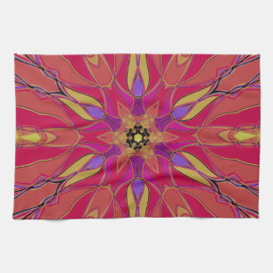Cartoon Mandala Flower Pink Yellow and Purple Tea Towel