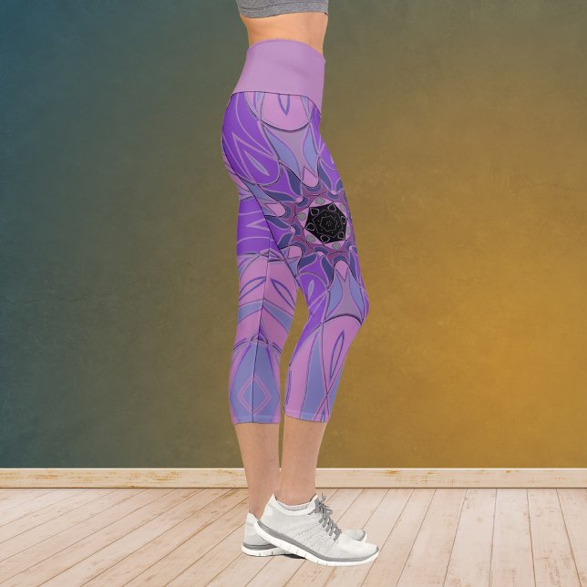 Cartoon Mandala Flower Purple Pink and Blue Capri Leggings (Creator Uploaded)