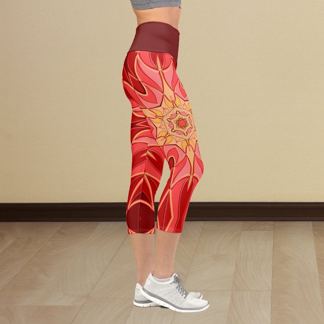 Cartoon Mandala Flower Red and Orange Capri Leggings (Creator Uploaded)