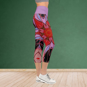Cartoon Mandala Flower Red Blue and Pink Capri Leggings